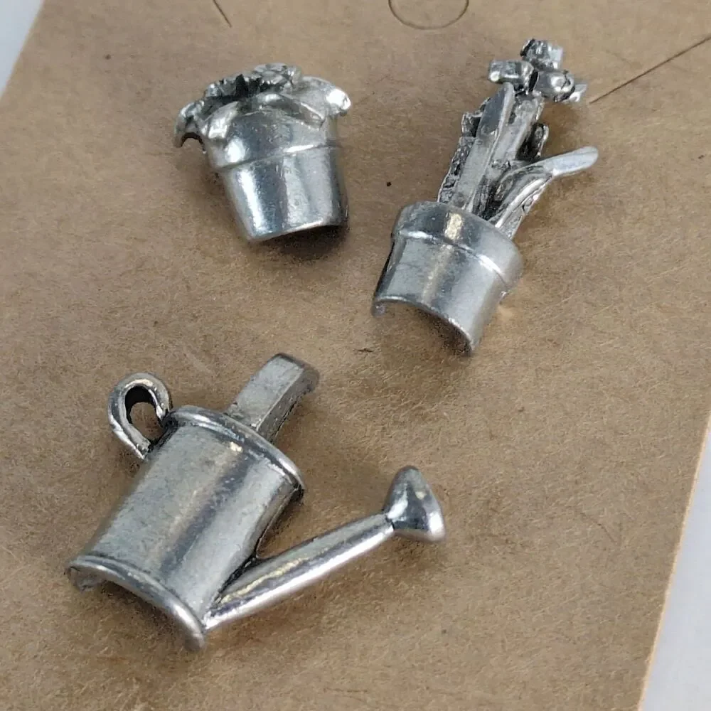 Set 3 Jim Clift Pewter Garden Lapel Tack Pins, Vintage 90s, Watering Can Flowers